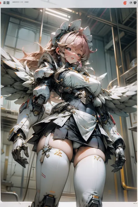 Look up、Flying wing zero、full bodyesbian、sci-fy、mechs、On her shoulder stood a young girl、The girl wears a maid outfit、Exposed flesh、huge tit、showing white panties、short  skirt