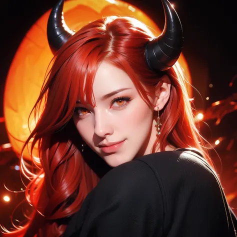 the Woman, red hair, orange eyes, black horns, mystical background, sexy can, seductive smile