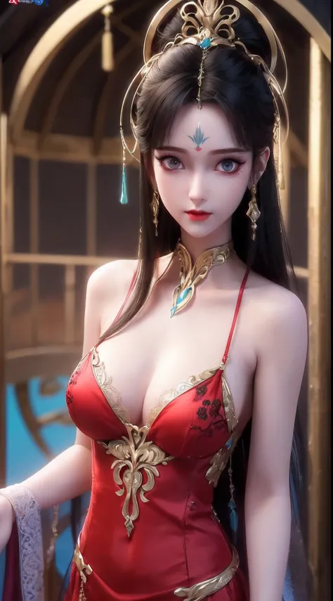 A girl from a magical world,(((wearing a thin red silk nightgown with sexy black lace trim: 1.2))), hanfu style, long and silky black hair, the most beautiful and detailed hair jewelry, beautiful little face thin eyebrows, tall and well-proportioned body, ...