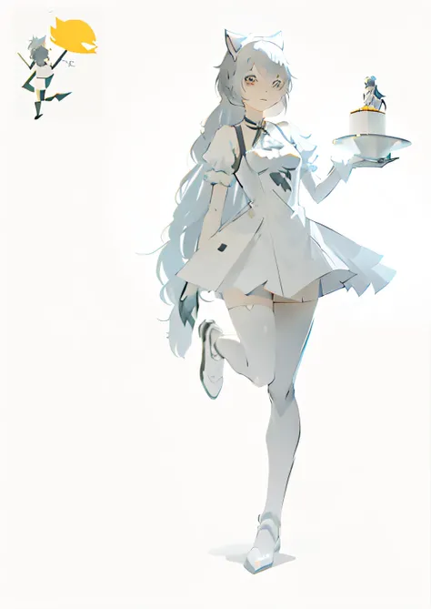 There was a woman standing with a plate of food, figure silhouettes, cosplay of a catboy! maid! dress, clear silhouette, stylized silhouette, nier inspired, ( Waitress ) Girl, made with anime painter studio, in style of cytus and deemo, clean anime outline...