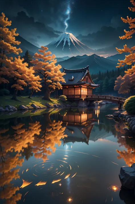 ​masterpiece、best qualtiy、Stunning reflections、Best reflection ever。 (Highly detailed CG Unity 8K wallpapers)、(top-quality)、(The best illustrations)、(Best Shadows)、jpn、natta、five-storied pagoda、The river is flowing、nighttime scene、Fantastical、starrysky。fir...