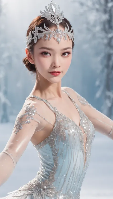 Smile expression. Generate costumes for figure skaters dancing on ice. Give this image snow-white feathers and sparkling Swarovski crystals. Next, Add a skate dress designed to emphasize the lines of the body, Especially the hips and legs, Eta、Give the ski...