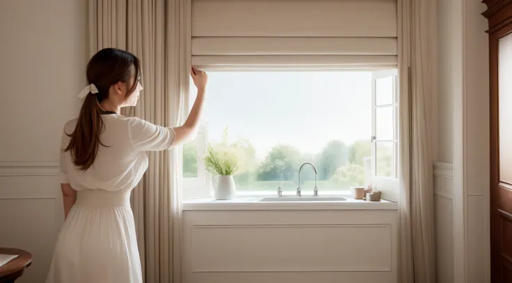 Realistic roman blind, Add a girl and show how she lifts the curtain up. There must be Roman blinds!