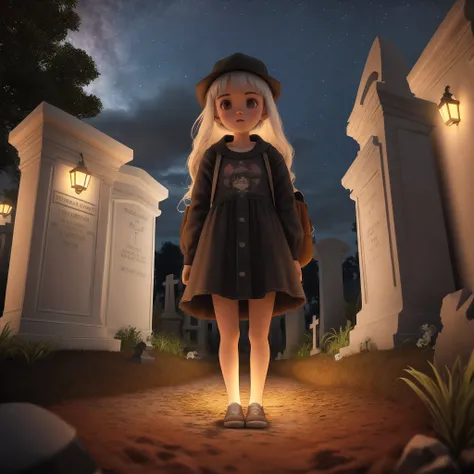 Personagem, menina pobre em 3D , segurando uma sacola ,assustada ,In front there is a cemetery at night