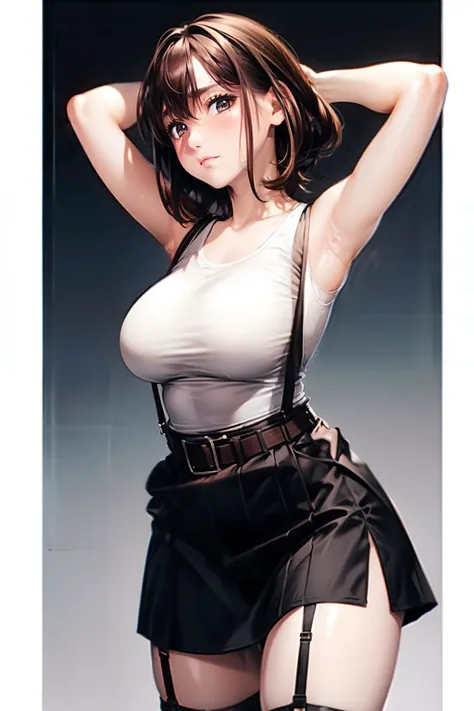 Black skirt, Tank Tops　suspenders, Brown hair Gray eyes, Garter belt on the legs, Tight clothes, 　　 a belt　Armpit sweat　　deadpan　large full breasts　short-cut