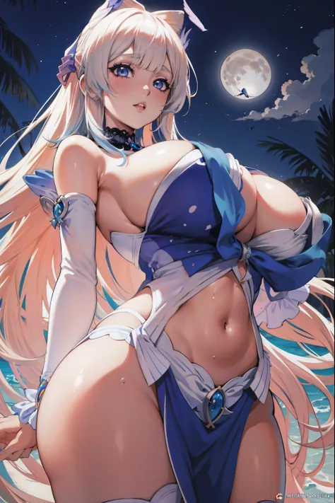 Chica de anime con cabello gris y bikini azul posando frente a una luna llena, Diosa del anime, Artgerm extremadamente detallado, Tendencias en ArtStation Pixiv, seductora chica de anime, ! dream artgerm, OPPAI, Diosa de la Luna, pixiv 3dcg, Arte detallado...