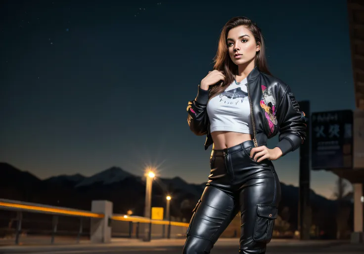 RAW photo, (solo), 1girl, highheels, (small breasts), intricate details, standing, nightsky, (masterpiece), soft vibrant bomber jacket with built in LED lights, graphic tee,  slim-fit cargo pants, thigh high leather boots,