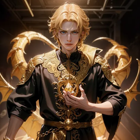 A guy with light golden hair, a dragon person. Holds a shining crystal. Straight view. Hero.