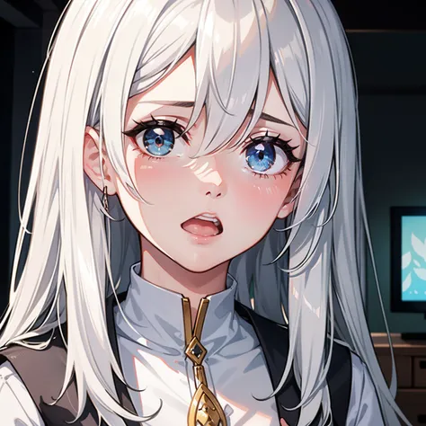 A girl with long silver-white hair，expression surprised，Close-up of the face in the house