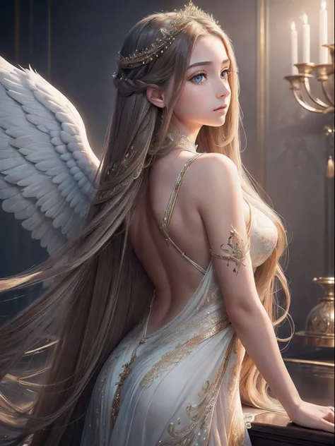 "(A beautiful masterpiece with impeccable quality and ultra-detailed visuals, captured in high resolution 4k. The focus is on the beautiful and intricately detailed eyes of a single girl. She possesses long flowing hair that cascades down her body and wing...