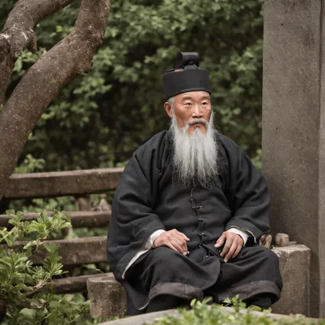 Under a tree，A Qing Dynasty official，Sitting on a stone wall，Beard with a white beard，Wearing official boots，Next to him stood a servant，Next to the chair is a square table，There is fruit on it。