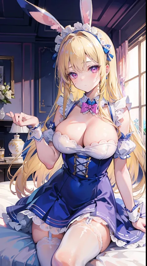 High quality, masterpiece, ultra-detailed, 1girl, blue bunny maid outfit, solo, peaceful expression, long blonde hair, enchanting pink eyes, bunny ears, ridiculously large breasts, shiny skin, bedroom