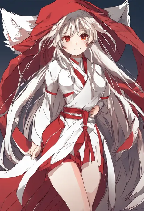 Anime girl with long hair white top and red skirt, an anime drawing by Shingei, pixiv contest winner, Furry art, Kitsune, fox nobushi, a beautiful kitsune woman, Holo is a wolf girl, a beautiful fox lady, kitsune three - tailed fox, holo if a wolf girl, ah...