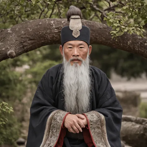 Under a tree，A Ming Dynasty official，Sitting on a stone wall，Beard with a white beard，Wearing official boots，Next to him stood a servant。