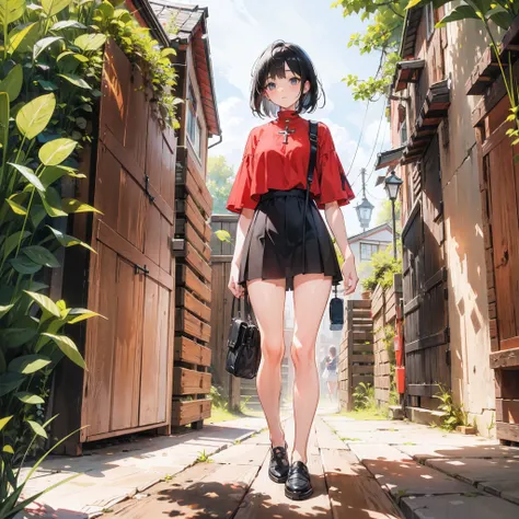 with short black hair, Red top, Briefs, Three-point cross-body bag, teens girl, bare-legged, Step on the wooden floor, Soft light, Look at your hands, Fantasy reality, 8k, super detail, Very detailed light and shadow