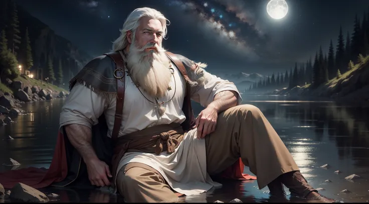 A white-bearded man sitting on the bank of a river at night with the stars in the sky shining with the reflection of the moonlight in the river with an expression of patience, with clothes from biblical times