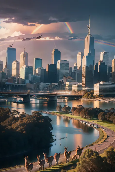 Wide Shot of a herd of 4 kangaroos facing the camera standing in foreground, background of a busy highway next to a river, full of cars, warm colours, cinematic colours, tall skyscraper in the middle of Melbourne city with river in background looking at th...