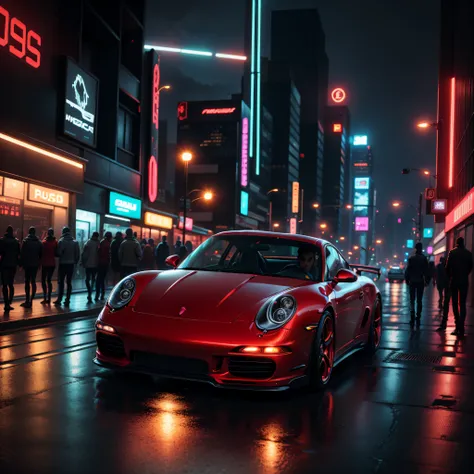 RED PORSCHE realista, disco Rigido, cyberpunk in cybercity at night, 8k