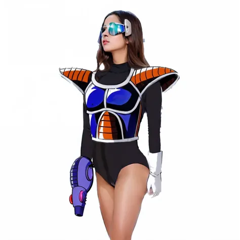 Woman in black and blue costume with helmet and goggles, as a retro futuristic heroine, as a retrofuturistic heroine, Cyber Universe Style, cyborg fashion model, tokusatsu suit vaporwave, in a space cadet outfit, saiyan girl, monokini, with shoulder pads, ...