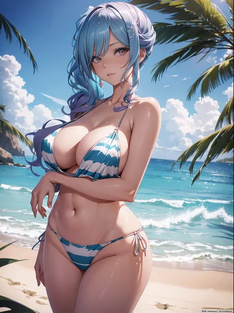 A woman in a bikini poses on a beach by the sea, seductive anime girls, beautiful and seductive anime woman, Guviz-style artwork, Perfect white haired girl, Guviz, Beautiful anime girl, ross tran. scenery background, in beach, Beautiful anime woman, trendi...