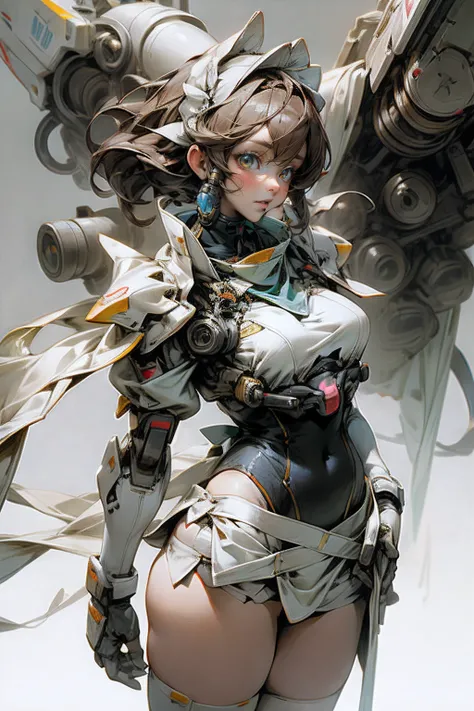 Look up、simplebackground、Flying wing zero、full bodyesbian、sci-fy、mechs、On her shoulder stood a young girl、The girl wears a maid outfit、Exposed flesh、huge tit、Bare chest、showing white panties、short  skirt、looks into camera