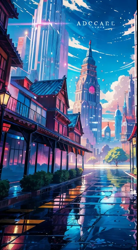 Chico de anime parada en la gran ciudad mirando el cielo del arco iris,Ciudad del futuro cercano、 Makoto Shinkai Cyril Rolando, Anime Art Wallpaper 4K, Anime Art Wallpaper 4K, Anime Art Wallpaper 8K, inspirado por Cyril Rolando, En el estilo Dan Mumford Ar...