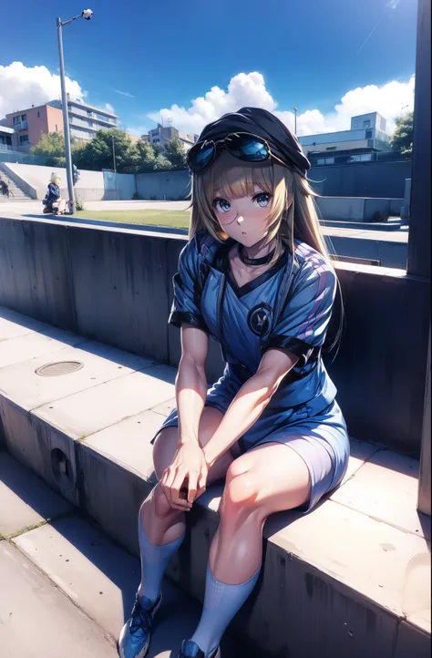 :0,Anime girl sitting on a ledge with a soccer ball in hand, uniforme de futebol,anime moe artstyle,hat, blue jacket,eyewear on head