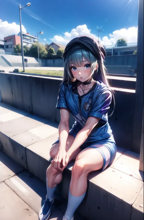 :0,Anime girl sitting on a ledge with a soccer ball in hand, uniforme de futebol,anime moe artstyle,hat, blue jacket,eyewear on head