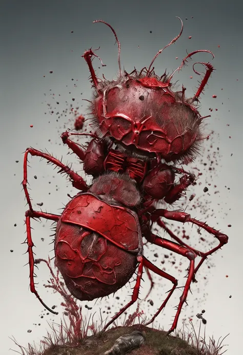 A red queen stands on a hill made up of ant carcasses，Blood stains all around，ultra - detailed, biological photo, finely detailed illustration