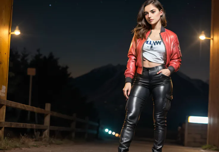 RAW photo, (solo), 1girl, highheels, (small breasts), intricate details, standing, nightsky, (masterpiece), soft vibrant bomber jacket with built in LED lights, graphic tee,  slim-fit cargo pants, thigh high leather boots,