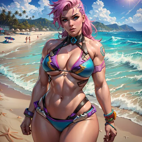 (female character:1.1), (video game:0.8), (beach bikini:1.4), pose (sensual:1.3), Zarya (from overwatch:1.2) --auto --s2