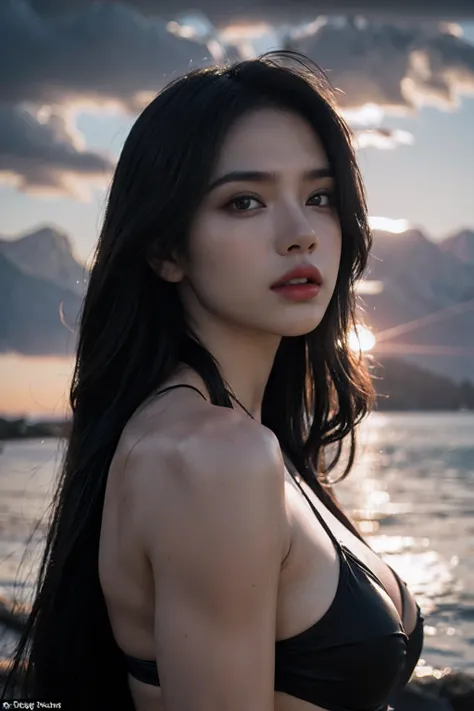 The ultra-detailliert, hight resolution, (realisitic, Photorealsitic:1.4), 8K, Raw photo, (masterpiece), (Top image quality), Physical Rendering, college girls, Hair arranged hair,plump breasts,fleshy body, Korea, the beach, In look, Colorful bikini, the ...