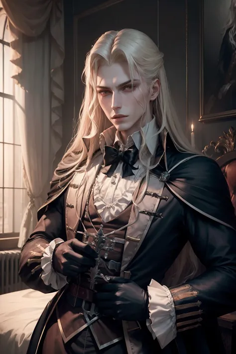 1homme, bel homme, upper body portrait of alucardcastlevania wearing a court suit in the bedroomgothic room, bougie, regarder le...