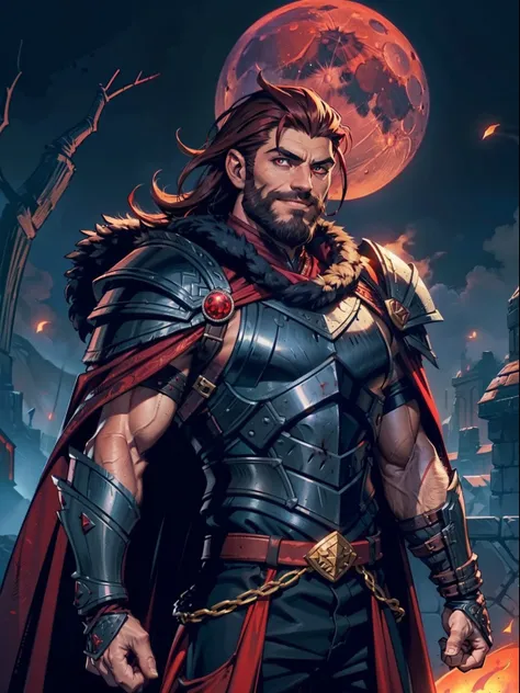 Dark night blood moon background, Darkest Dungeon style, game portrait. Todd Smith as Ares from Xena, athlete, short mane hair, mullet, defined face, detailed eyes, short beard, glowing red eyes, dark hair, wily smile, badass, dangerous. Wearing full armor...