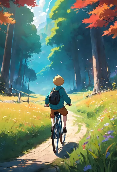 masterpiece, best quality, movie still, footage of the main character riding his bicycle toward a meadow is shown