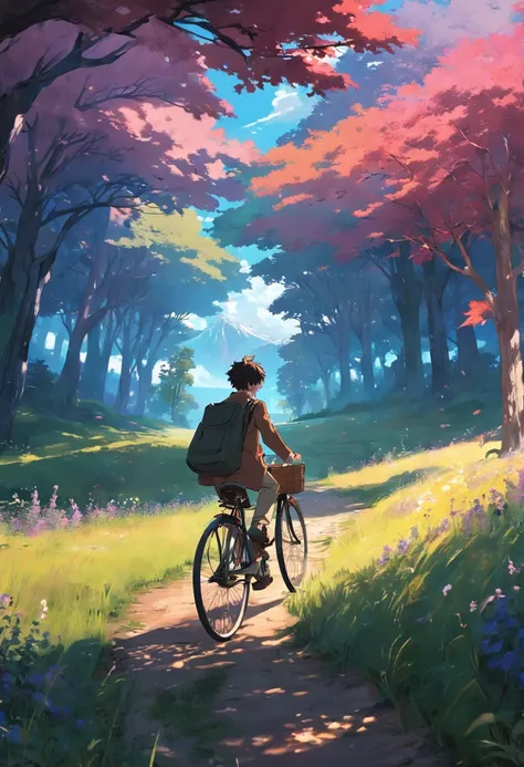 masterpiece, best quality, movie still, footage of the main character riding his bicycle toward a meadow is shown