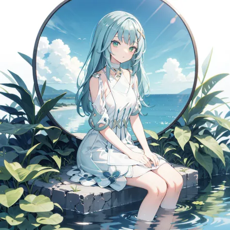 green fields pattern, white background, casual outfit, facing sideway, sitting, inside in the circle in the middle, long hair, water reflection,