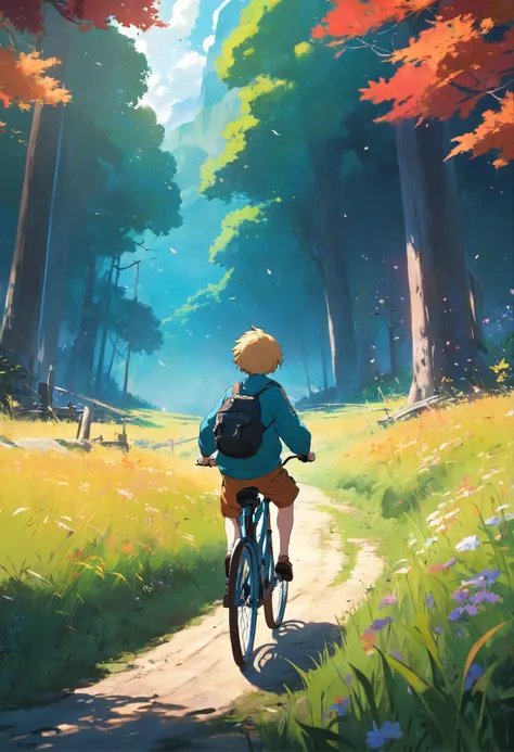 masterpiece, best quality, movie still, footage of the main character riding his bicycle toward a meadow is shown