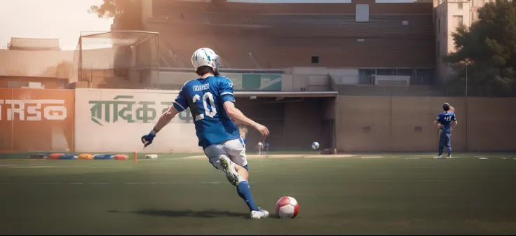 Change background football stadium realistic boy shooting a ball with blue jersey and 10 number on his backside of the tshirt beard on his jawlines