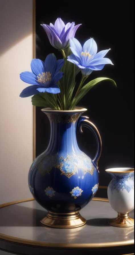 chinaware，In a chic，closeup cleavage，Azure vase, No Man, still-life, Pedras preciosas, flower, Black background, Simple background, flor branca