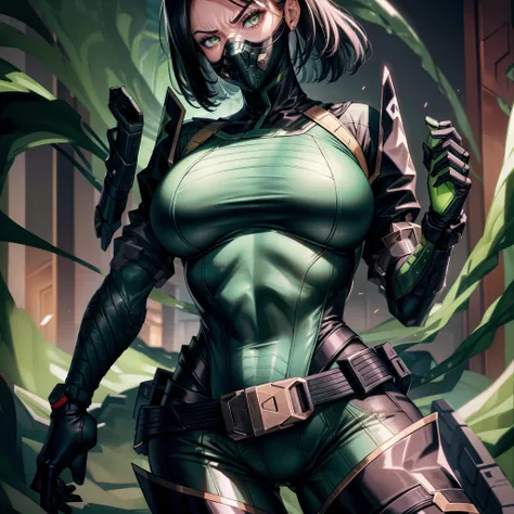 Masterpiece, Best quality,Look at the woman from below ，《Fearless viper》, tightsuit, mitts, belt, thigh boots, respirator, view the viewer, face, Portrait, Close-up, Red-faced，Glowing eyes, green smoke, Black background,huge tit，Raised chest，Close-up of ch...