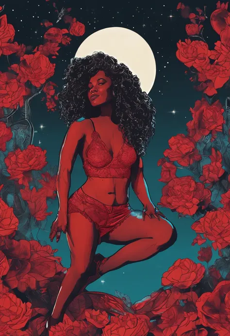 (Masterpiece - Illustrations - Detailed - Best Quality)   beautiful  curvy black woman wearing red lingerie  sitting on a full moon , with the universe around her, 8k , perfect anatomy, super detailed , hyper detailed face, realistic hands, super detailed ...