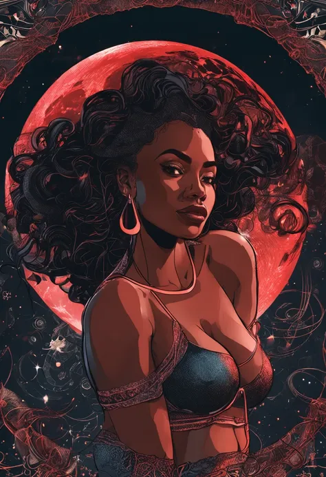 (Masterpiece - Illustrations - Detailed - Best Quality)   beautiful  curvy black woman wearing red lingerie  sitting on a full moon , with the universe around her, 8k , perfect anatomy, super detailed , hyper detailed face, realistic hands, super detailed ...