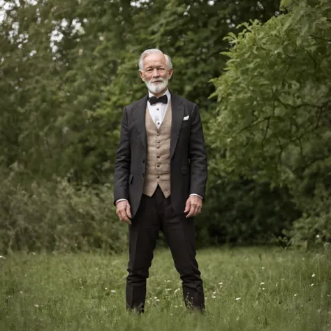 A man with a white beard, standing in grassy field, standing on two legs, full body portrait shot, standing on water, full body photogenic shot, height is 180 cm, , wearing boots, marketing photo, doing a majestic pose