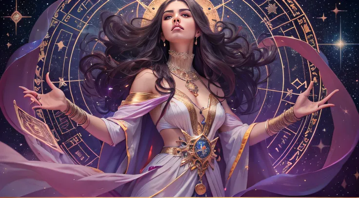 In a magic circle drawn with ancient runes, A magician stands with grace and power. She is an ethereal figure, wrapped in stellar robes that shine like the night sky. Your hair is like silver strands, e seus olhos refletem o brilho de estrelas distantes. i...