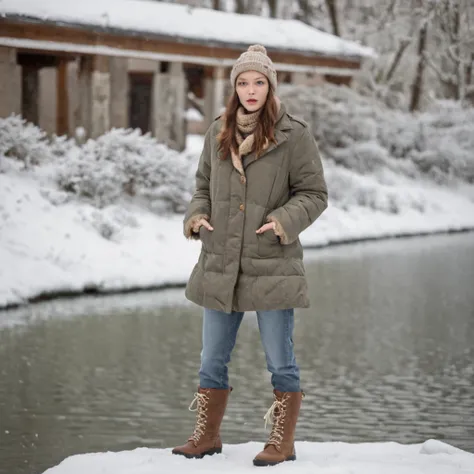 A man with a white beard, Stand on the snow, standing on two legs, full body portrait shot, standing on water, full body photogenic shot, height is 180 cm, , wearing boots, marketing photo。