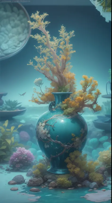 underwater shot，chinaware，In a chic，closeup cleavage，Sky blue porcelain vase, No Man, still-life, Pedras preciosas, ((bubbly underwater scenery))，Beautiful underwater coral reef in the background，Rochas,Marine life，colorful coral reef, (Extremely detailed ...