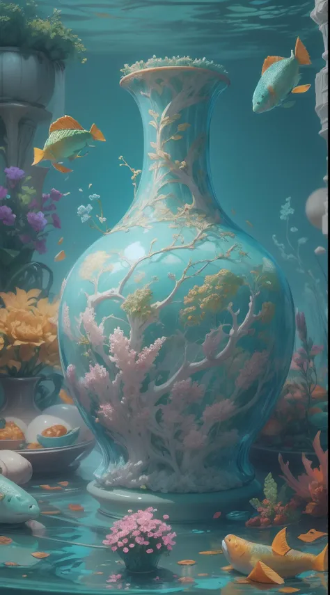 underwater shot，chinaware，In a chic，closeup cleavage，Sky blue porcelain vase, No Man, still-life, Pedras preciosas, ((bubbly underwater scenery))，Beautiful underwater coral reef in the background，Rochas,Marine life，colorful coral reef, (Extremely detailed ...