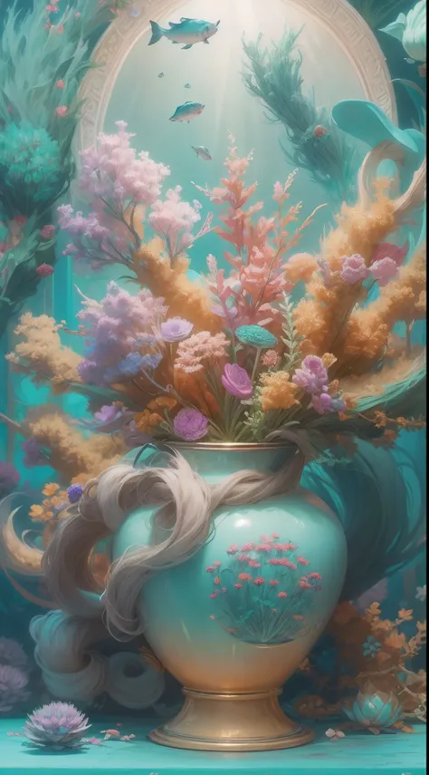 underwater shot，chinaware，In a chic，closeup cleavage，Sky blue porcelain vase, No Man, still-life, Pedras preciosas, ((bubbly underwater scenery))，Beautiful underwater coral reef in the background，Rochas,Marine life，colorful coral reef, (Extremely detailed ...