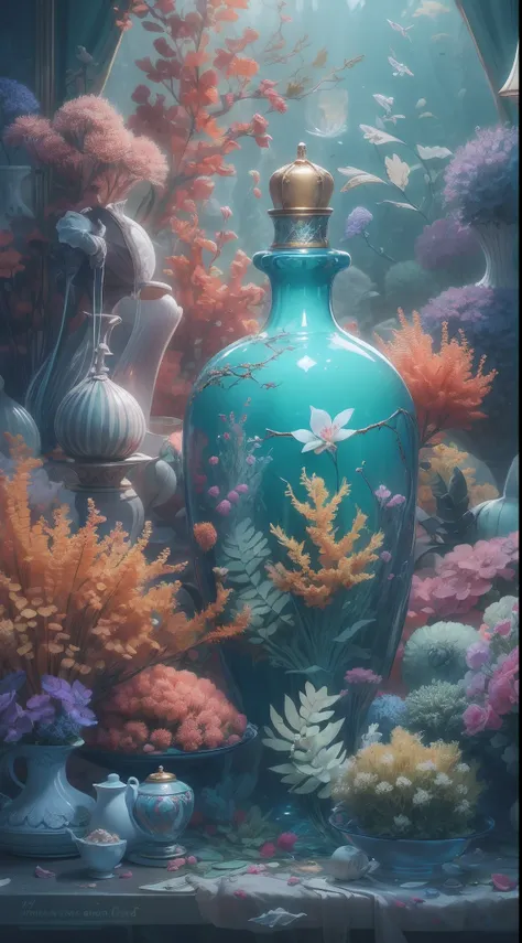 underwater shot，chinaware，In a chic，closeup cleavage，Azure porcelain bottle, No Man, still-life, Pedras preciosas, ((bubbly underwater scenery))，Beautiful coral reef under the sea in the background，Rochas,Marine life，colorful coral reef,ModelShoot style, (...